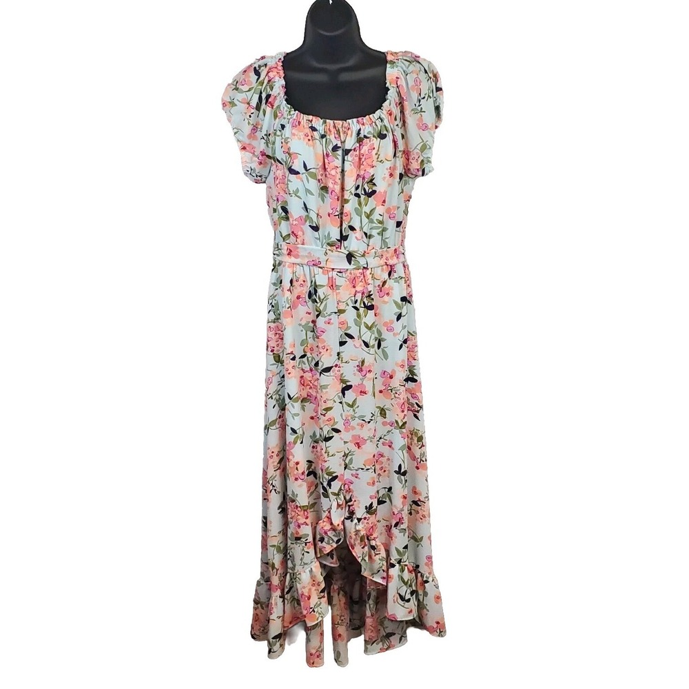 BAR III Light Blue Floral Multicolor Hi-low‎ Maxi Dress Size M Ruffle Bottom
